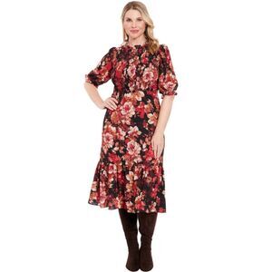 Floral Sz 10 Puff Short Sleeve Smocked Tiered Boho Midi Crepe Dress LONDON STYLE